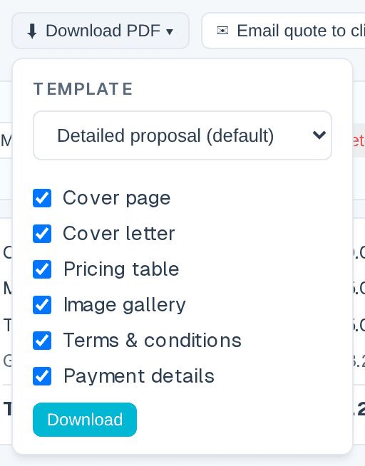The template-pick and section-toggle panel that opens under Download PDF