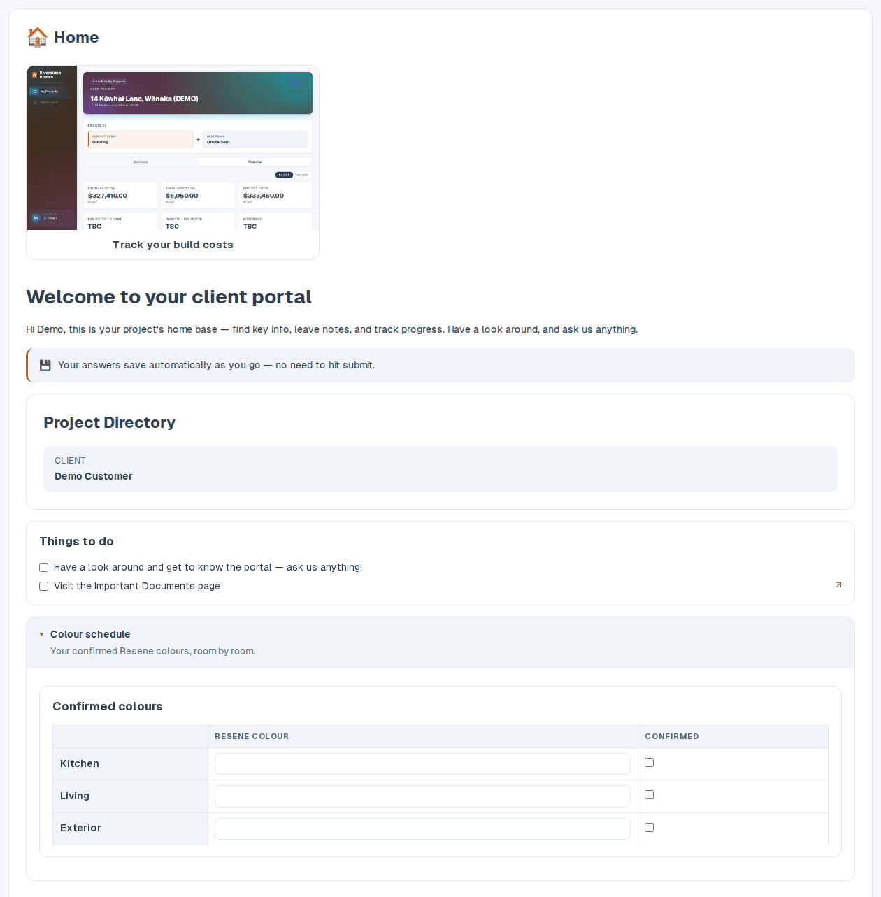 Client portal with an image button tile, drop-down section and colour table