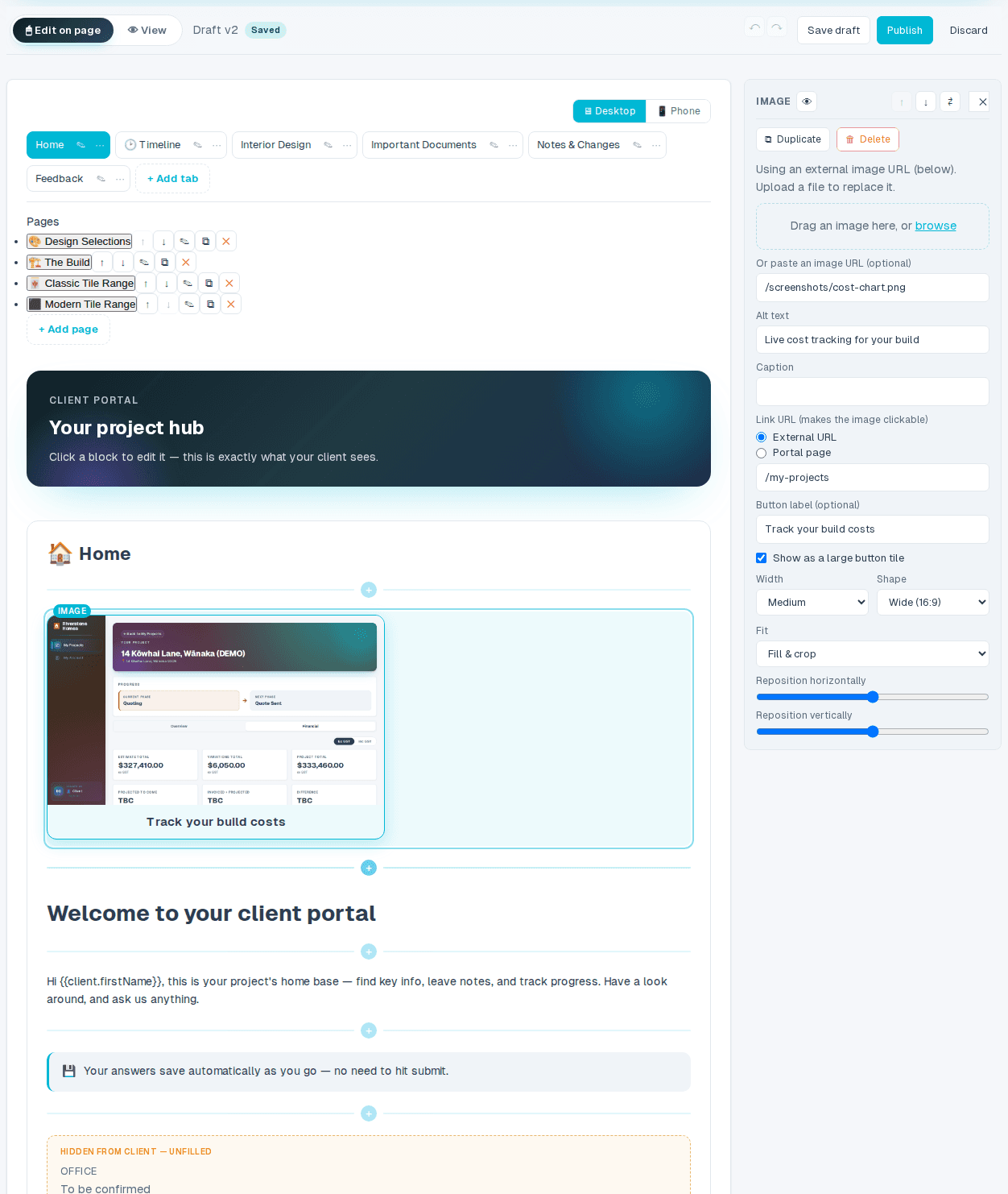 Editing a client portal directly on the page — a block selected on the canvas with its settings in the inspector