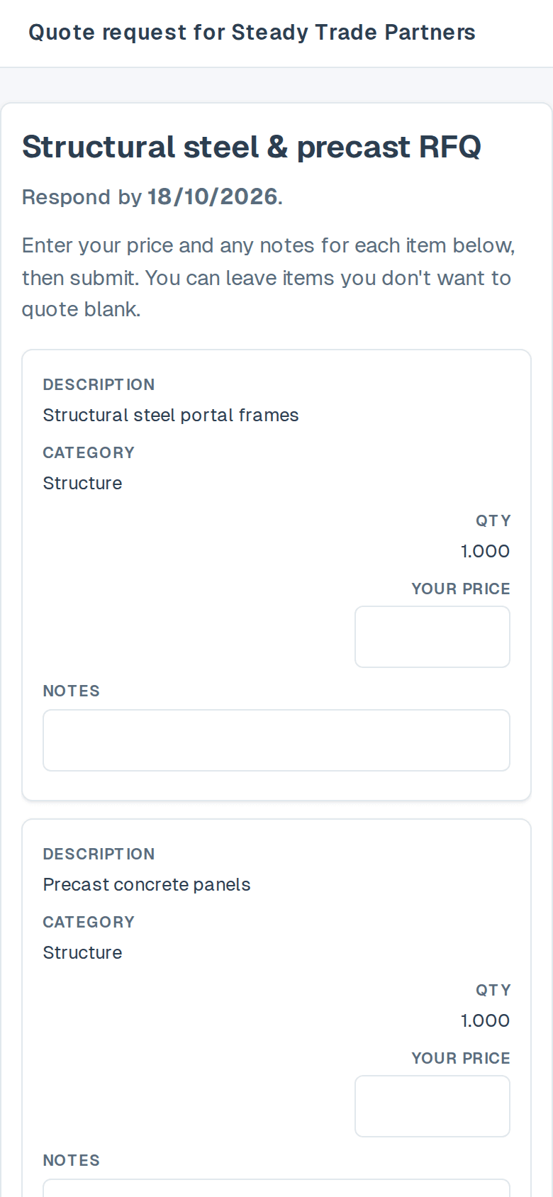 The public quote-request page on a phone, with requested items as labelled cards with a price and notes field each