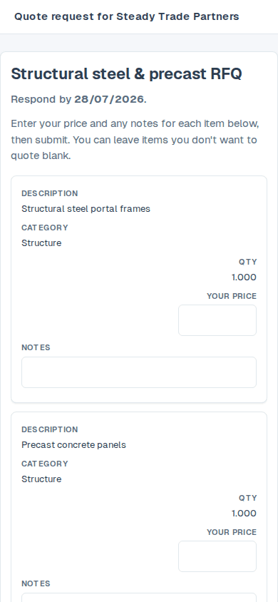 The public quote-request page on a phone — requested items as labelled cards with a price and notes field each
