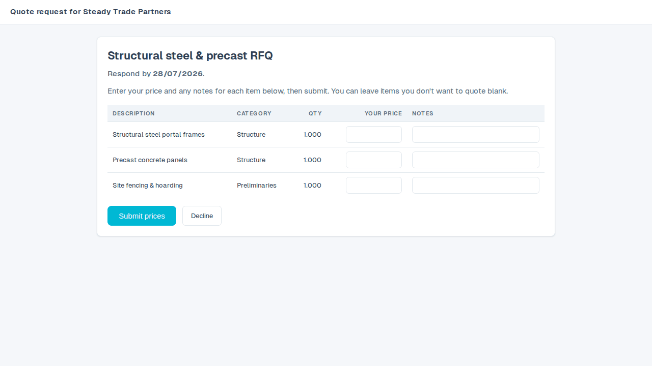 The public quote-request page a trade partner opens — requested items with a price and notes field for each, no account needed