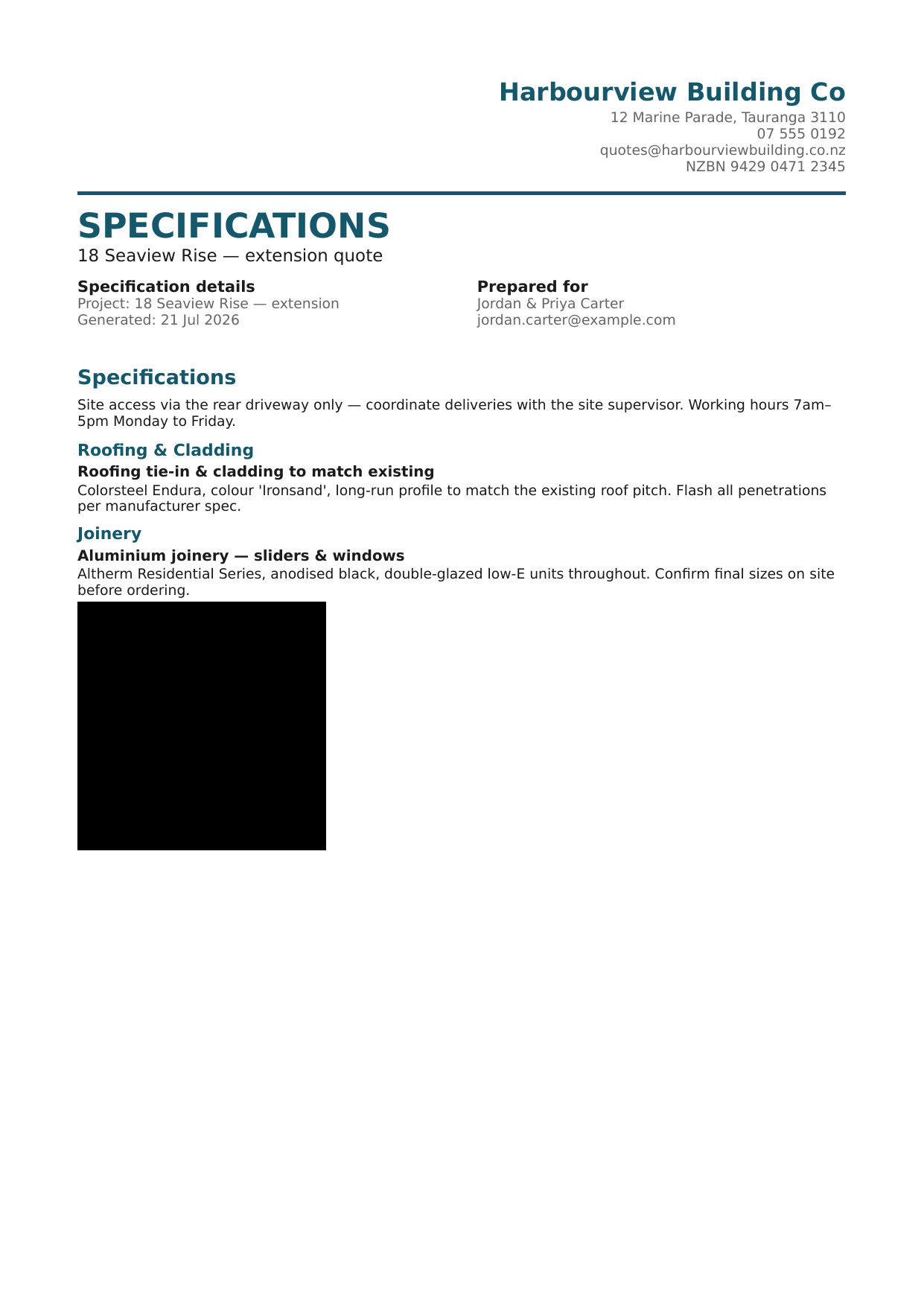 A price-free specification document — flagged line items with written descriptions and photos, grouped by category, no dollar figures anywhere