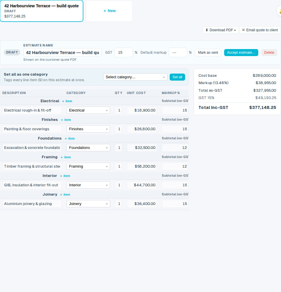 The Download PDF button sits at the top of the estimate on the deal's Estimate tab