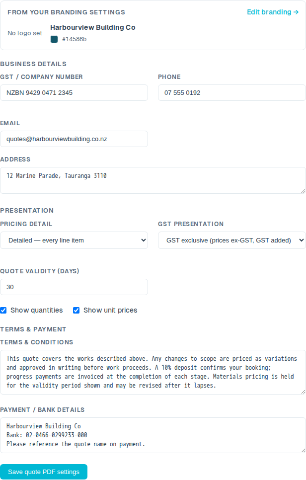 The Quote PDF settings form — business details, logo, presentation options, terms and payment details