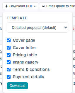 The template-pick and section-toggle panel that opens under Download PDF