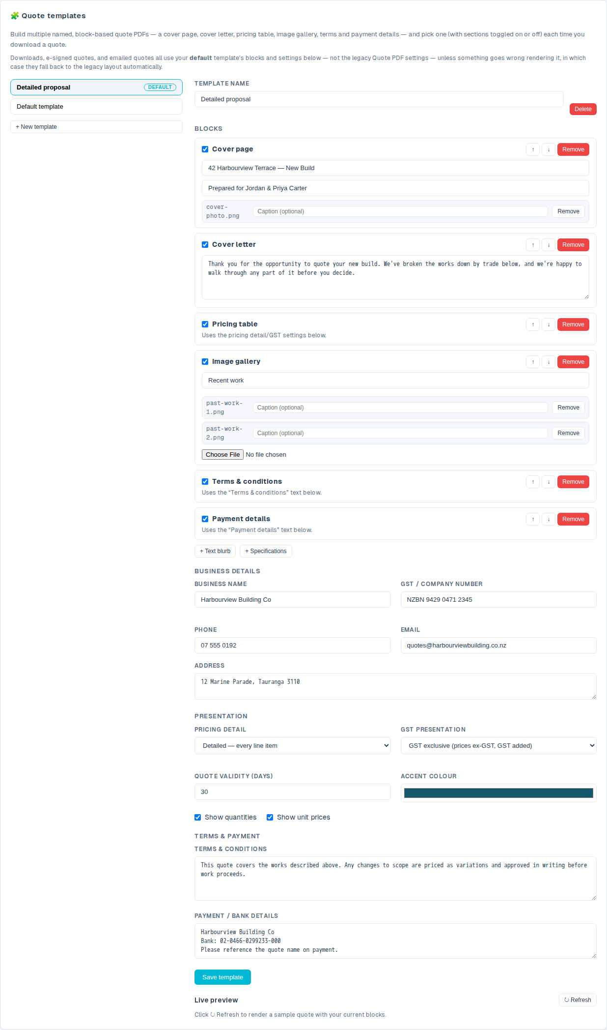 Building a named quote template out of blocks — cover page, cover letter, pricing table, image gallery, terms and payment details, with a live preview alongside