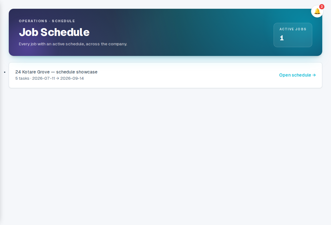 The company-wide Schedule page listing every job with an active schedule